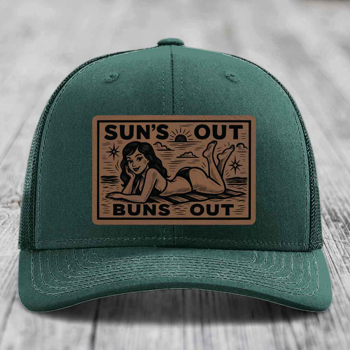 Suns Out, Buns Out - Leather Patch Hat - Dark Brown to Black Patch - Richardson 112 Snapback Trucker Hat