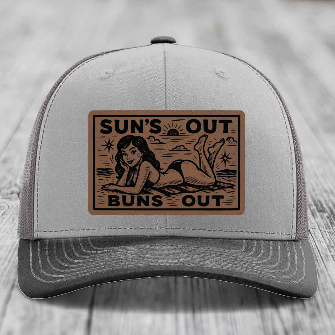 Suns Out, Buns Out - Leather Patch Hat - Dark Brown to Black Patch - Richardson 112 Snapback Trucker Hat