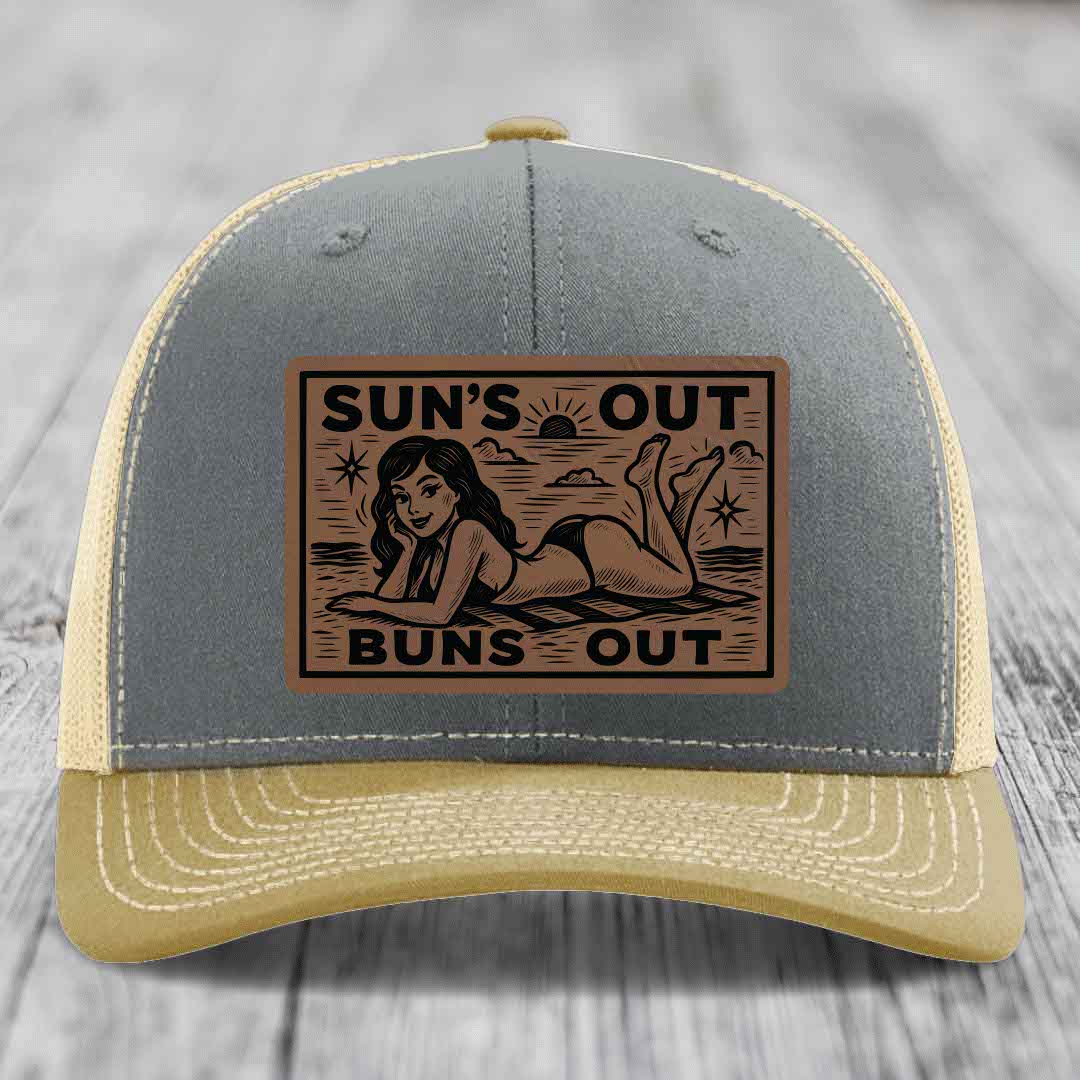 Suns Out, Buns Out - Leather Patch Hat - Dark Brown to Black Patch - Richardson 112 Snapback Trucker Hat