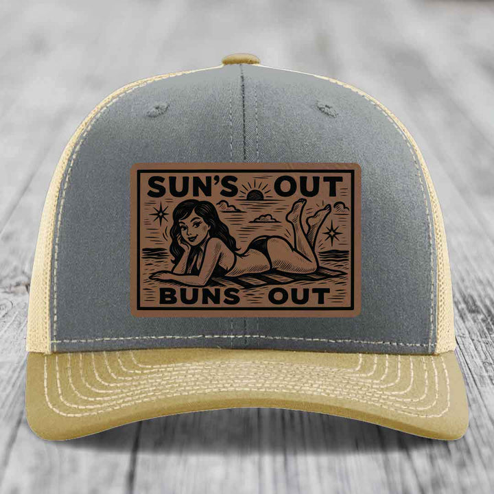 Suns Out, Buns Out - Leather Patch Hat - Dark Brown to Black Patch - Richardson 112 Snapback Trucker Hat
