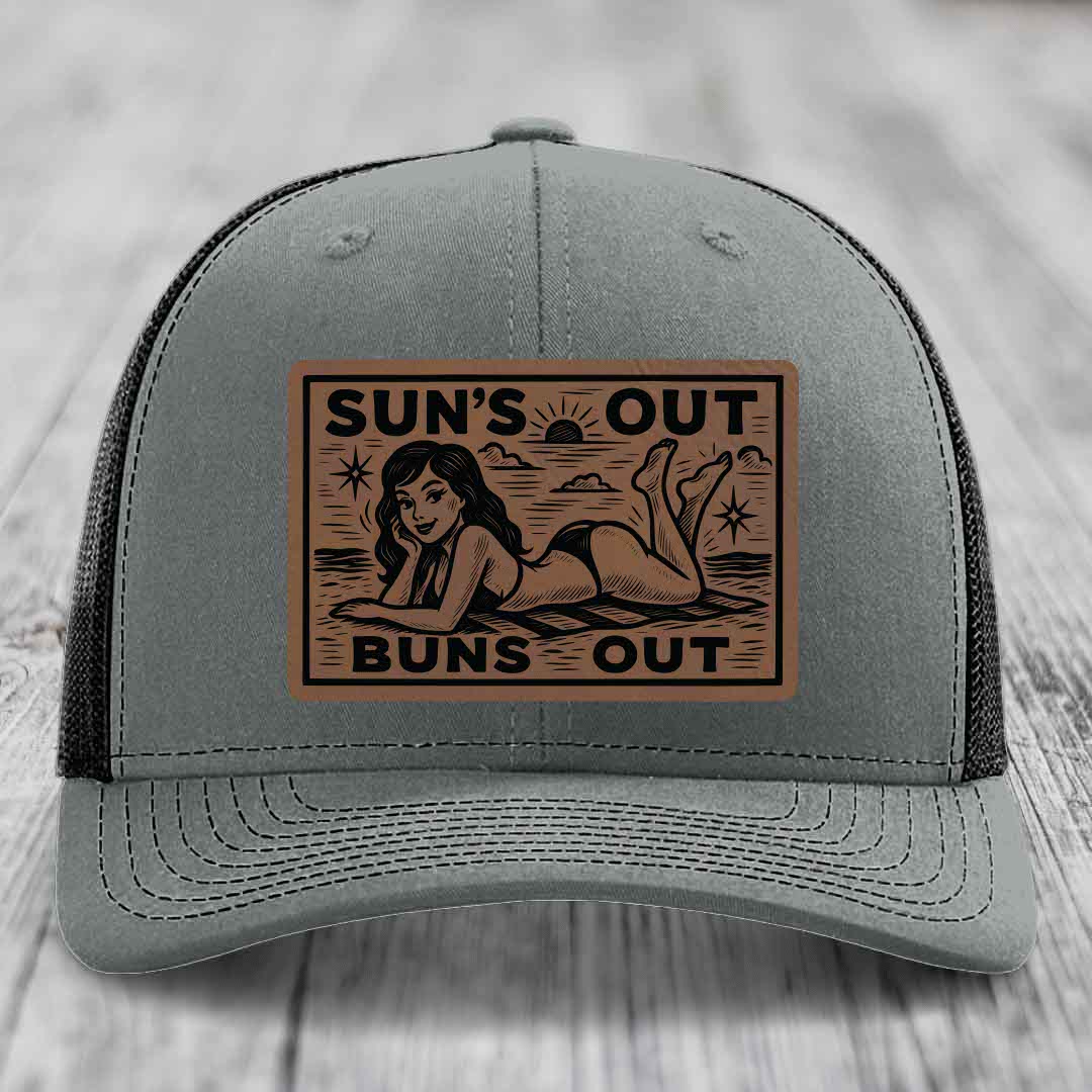 Suns Out, Buns Out - Leather Patch Hat - Dark Brown to Black Patch - Richardson 112 Snapback Trucker Hat