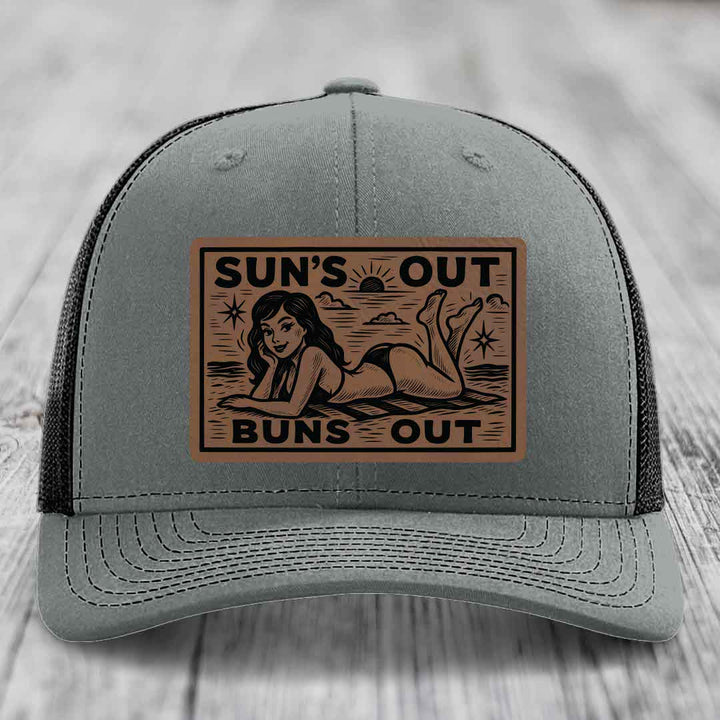 Suns Out, Buns Out - Leather Patch Hat - Dark Brown to Black Patch - Richardson 112 Snapback Trucker Hat
