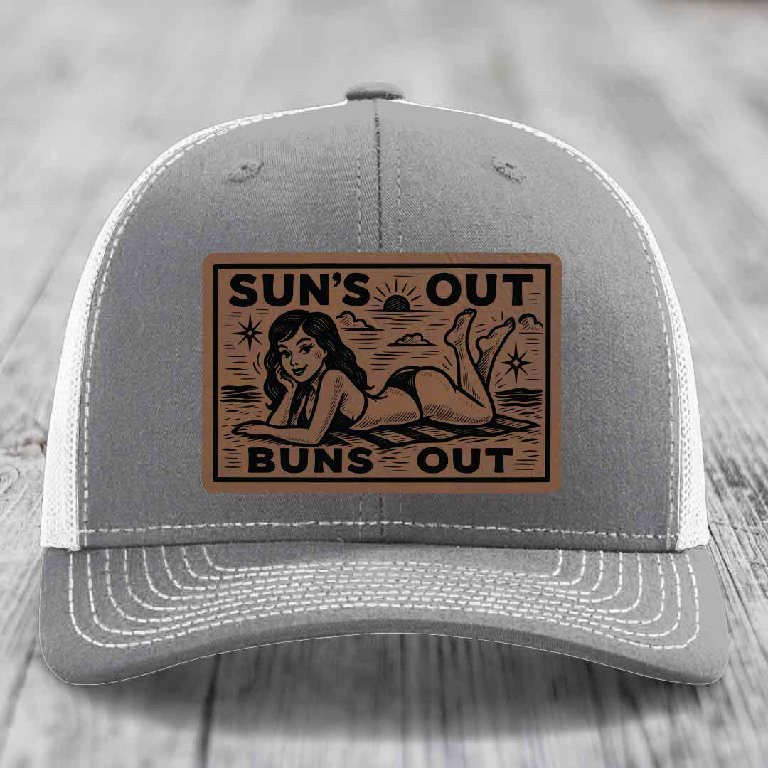 Suns Out, Buns Out - Leather Patch Hat - Dark Brown to Black Patch - Richardson 112 Snapback Trucker Hat