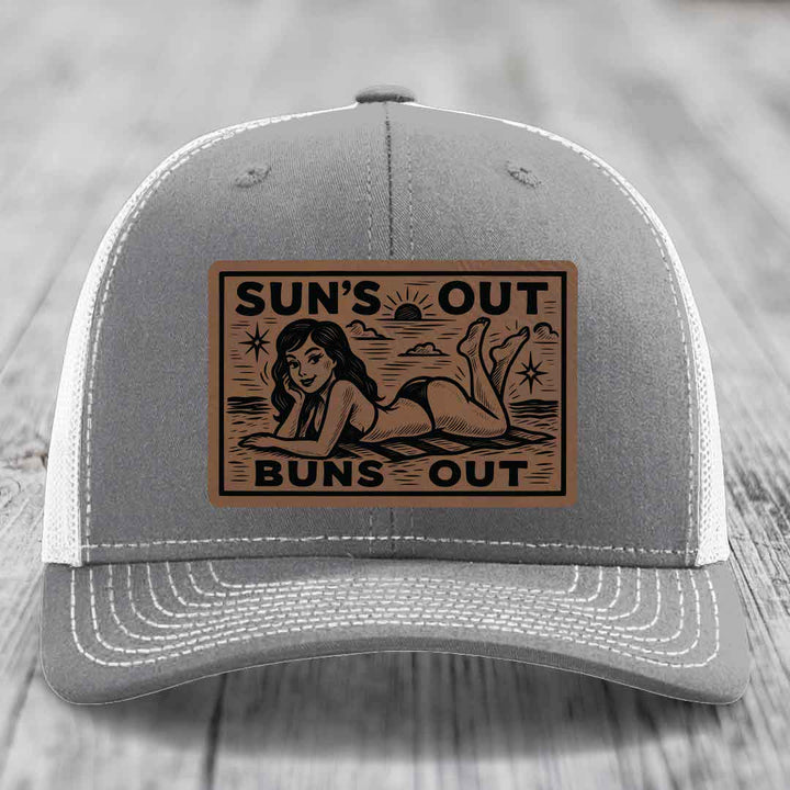 Suns Out, Buns Out - Leather Patch Hat - Dark Brown to Black Patch - Richardson 112 Snapback Trucker Hat
