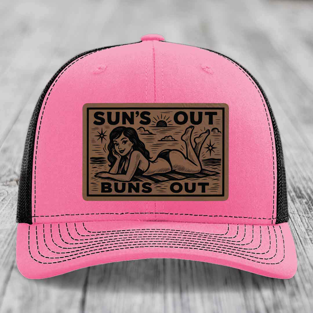 Suns Out, Buns Out - Leather Patch Hat - Dark Brown to Black Patch - Richardson 112 Snapback Trucker Hat