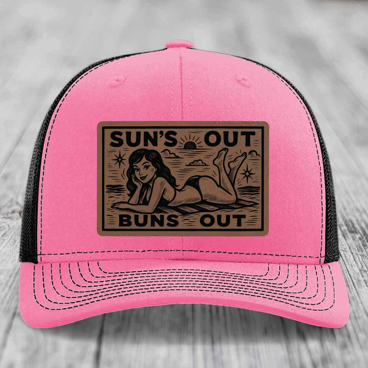 Suns Out, Buns Out - Leather Patch Hat - Dark Brown to Black Patch - Richardson 112 Snapback Trucker Hat