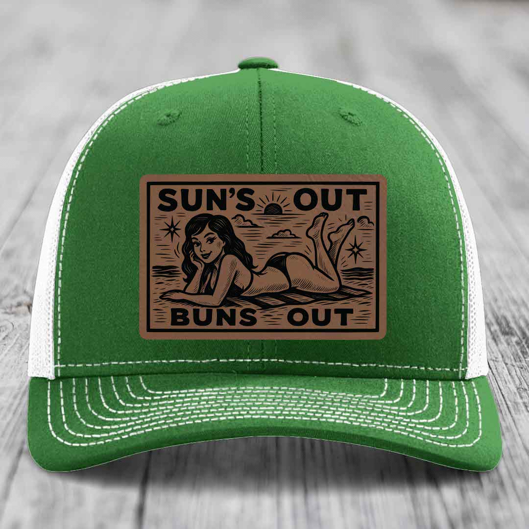 Suns Out, Buns Out - Leather Patch Hat - Dark Brown to Black Patch - Richardson 112 Snapback Trucker Hat
