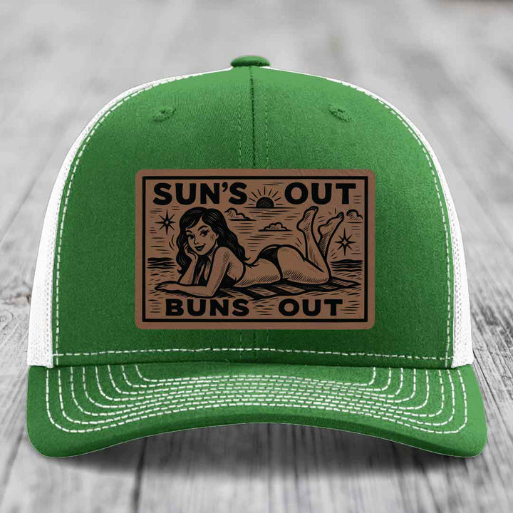 Suns Out, Buns Out - Leather Patch Hat - Dark Brown to Black Patch - Richardson 112 Snapback Trucker Hat