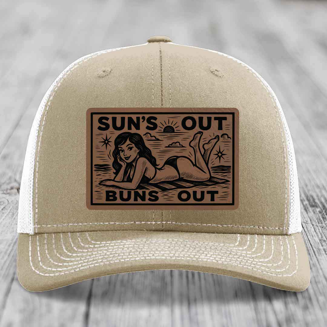 Suns Out, Buns Out - Leather Patch Hat - Dark Brown to Black Patch - Richardson 112 Snapback Trucker Hat