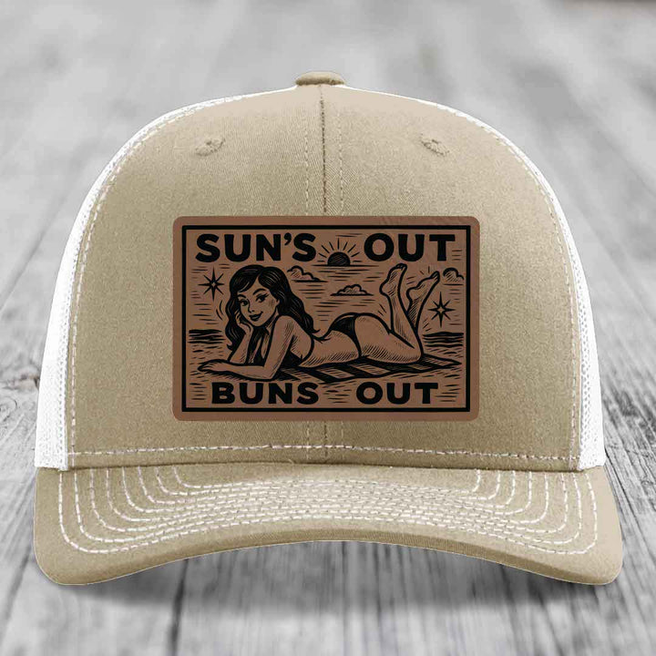 Suns Out, Buns Out - Leather Patch Hat - Dark Brown to Black Patch - Richardson 112 Snapback Trucker Hat