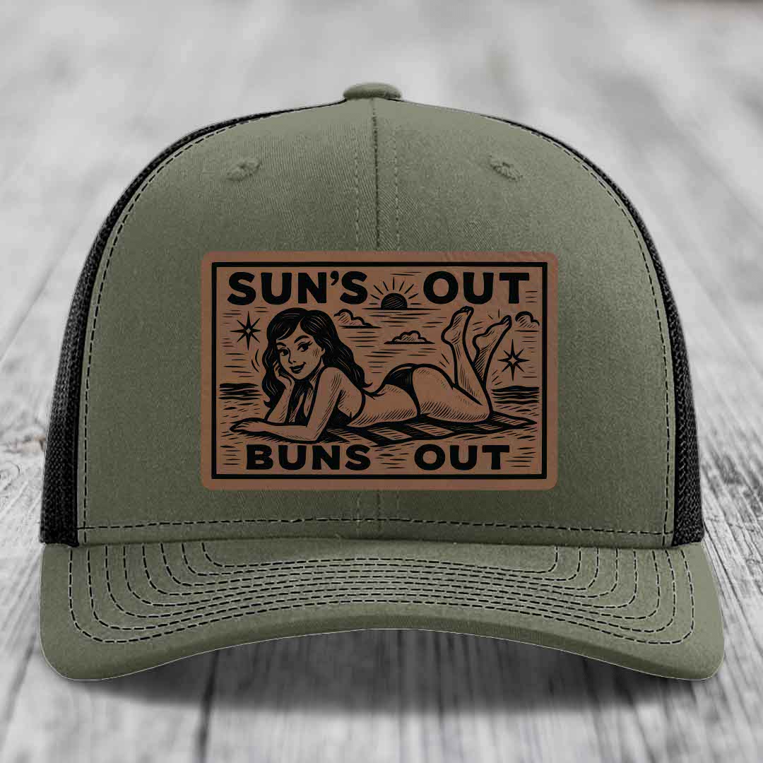 Suns Out, Buns Out - Leather Patch Hat - Dark Brown to Black Patch - Richardson 112 Snapback Trucker Hat