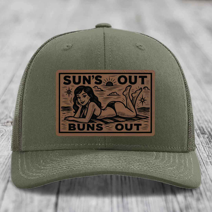 Suns Out, Buns Out - Leather Patch Hat - Dark Brown to Black Patch - Richardson 112 Snapback Trucker Hat