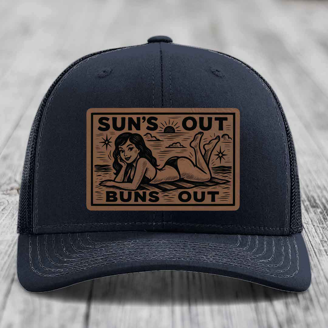 Suns Out, Buns Out - Leather Patch Hat - Dark Brown to Black Patch - Richardson 112 Snapback Trucker Hat