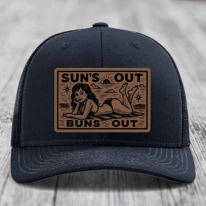 Suns Out, Buns Out - Leather Patch Hat - Dark Brown to Black Patch - Richardson 112 Snapback Trucker Hat