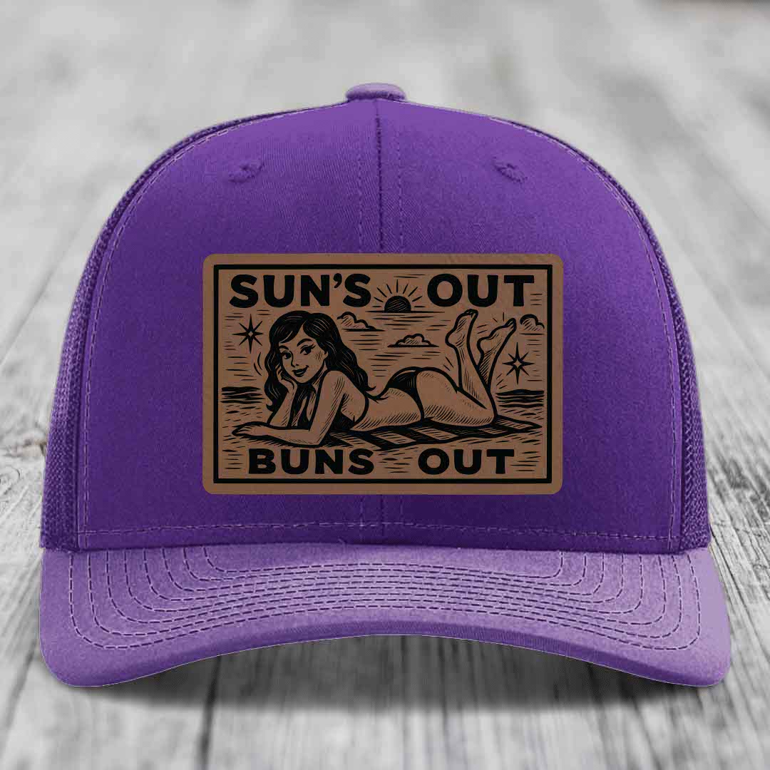 Suns Out, Buns Out - Leather Patch Hat - Dark Brown to Black Patch - Richardson 112 Snapback Trucker Hat