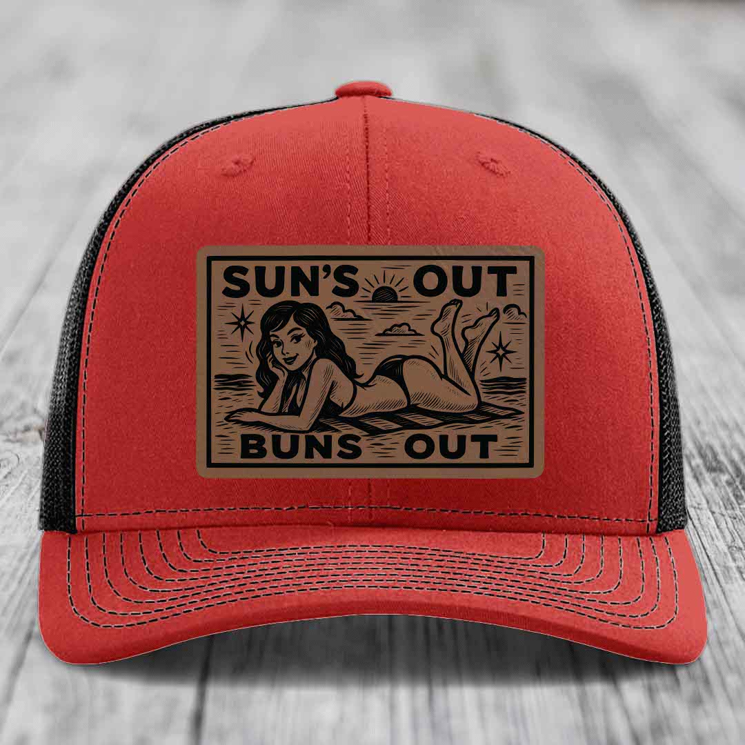 Suns Out, Buns Out - Leather Patch Hat - Dark Brown to Black Patch - Richardson 112 Snapback Trucker Hat