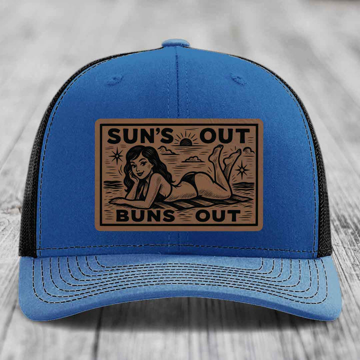 Suns Out, Buns Out - Leather Patch Hat - Dark Brown to Black Patch - Richardson 112 Snapback Trucker Hat