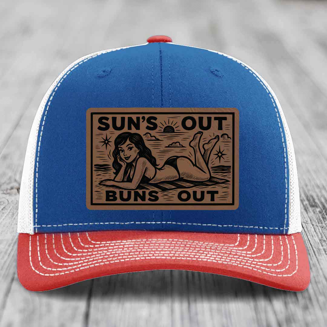 Suns Out, Buns Out - Leather Patch Hat - Dark Brown to Black Patch - Richardson 112 Snapback Trucker Hat