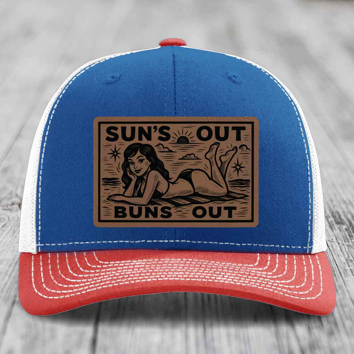 Suns Out, Buns Out - Leather Patch Hat - Dark Brown to Black Patch - Richardson 112 Snapback Trucker Hat