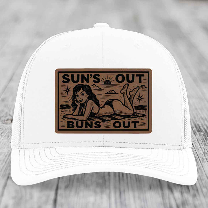 Suns Out, Buns Out - Leather Patch Hat - Dark Brown to Black Patch - Richardson 112 Snapback Trucker Hat
