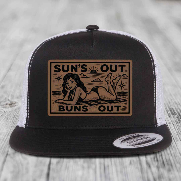Suns Out, Buns Out - Leather Patch Hat - Dark Brown to Black Patch - Yupoong 6006 Snapback Flatbill Hat