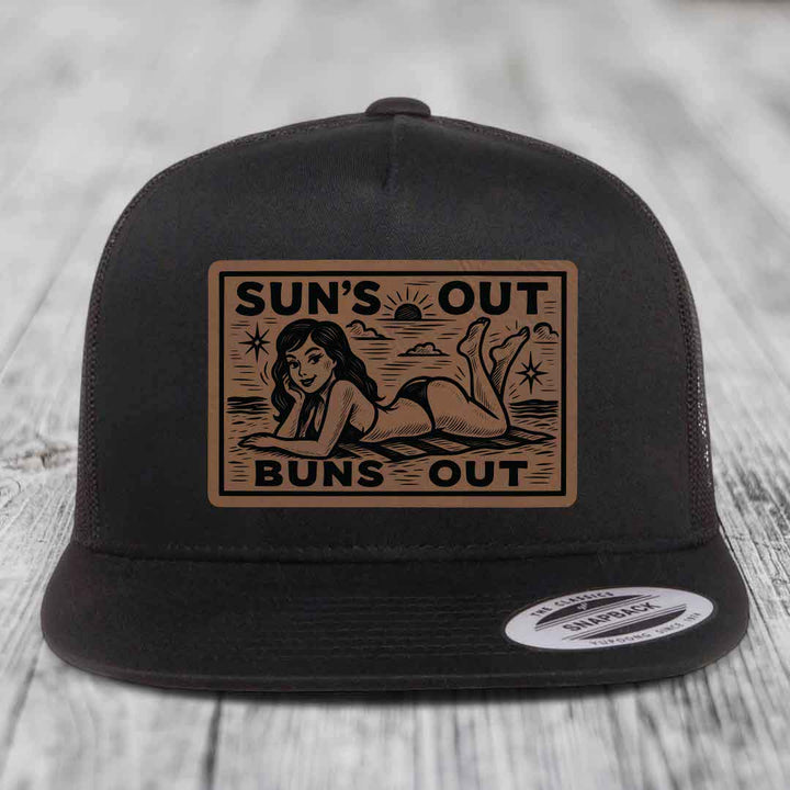 Suns Out, Buns Out - Leather Patch Hat - Dark Brown to Black Patch - Yupoong 6006 Snapback Flatbill Hat