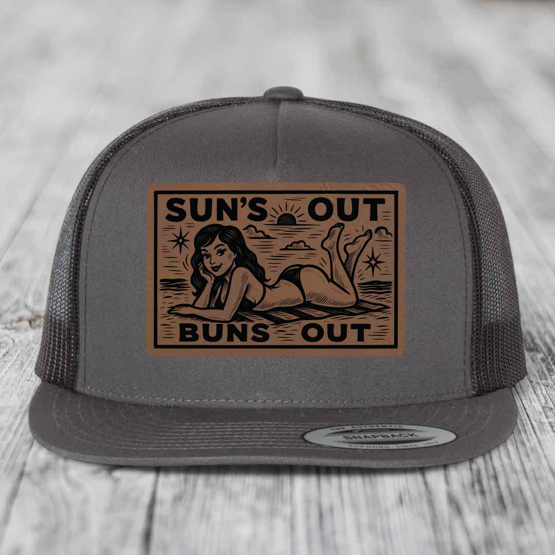Suns Out, Buns Out - Leather Patch Hat - Dark Brown to Black Patch - Yupoong 6006 Snapback Flatbill Hat