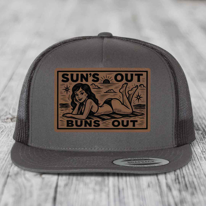 Suns Out, Buns Out - Leather Patch Hat - Dark Brown to Black Patch - Yupoong 6006 Snapback Flatbill Hat