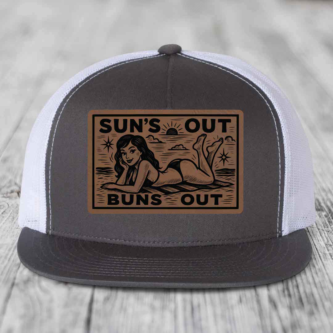 Suns Out, Buns Out - Leather Patch Hat - Dark Brown to Black Patch - Yupoong 6006 Snapback Flatbill Hat