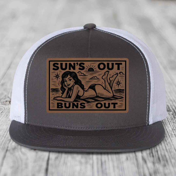 Suns Out, Buns Out - Leather Patch Hat - Dark Brown to Black Patch - Yupoong 6006 Snapback Flatbill Hat