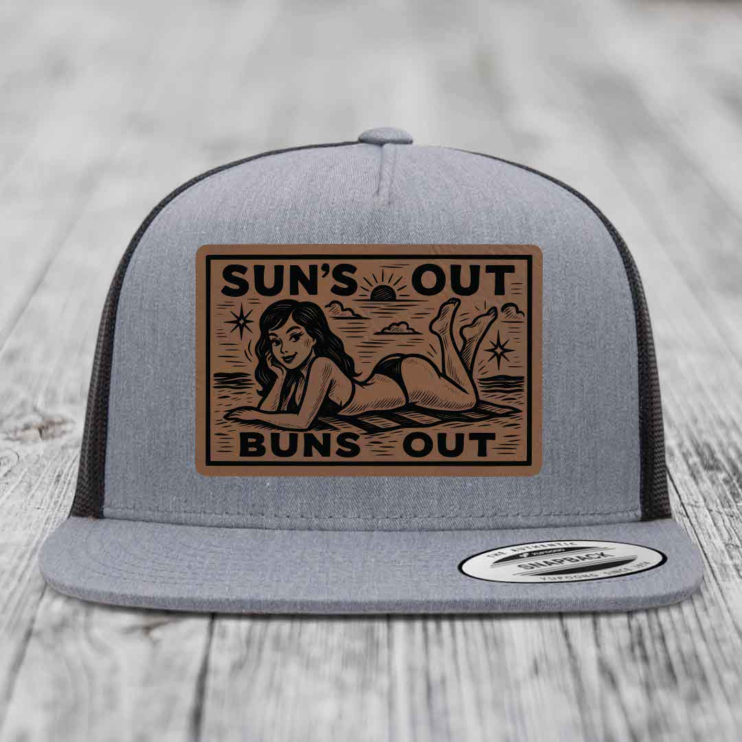 Suns Out, Buns Out - Leather Patch Hat - Dark Brown to Black Patch - Yupoong 6006 Snapback Flatbill Hat
