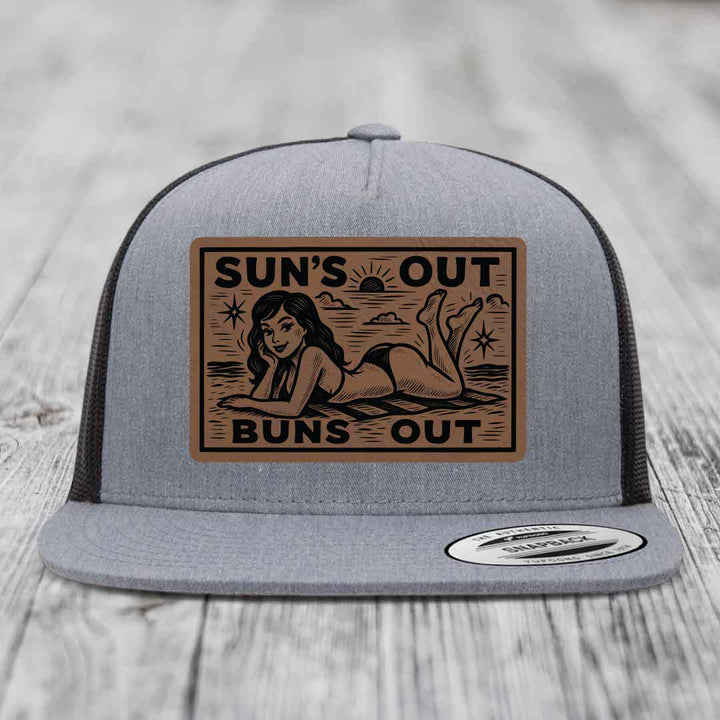 Suns Out, Buns Out - Leather Patch Hat - Dark Brown to Black Patch - Yupoong 6006 Snapback Flatbill Hat