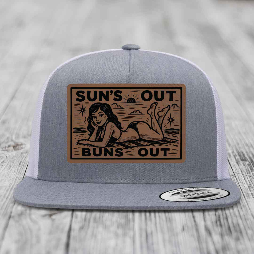 Suns Out, Buns Out - Leather Patch Hat - Dark Brown to Black Patch - Yupoong 6006 Snapback Flatbill Hat