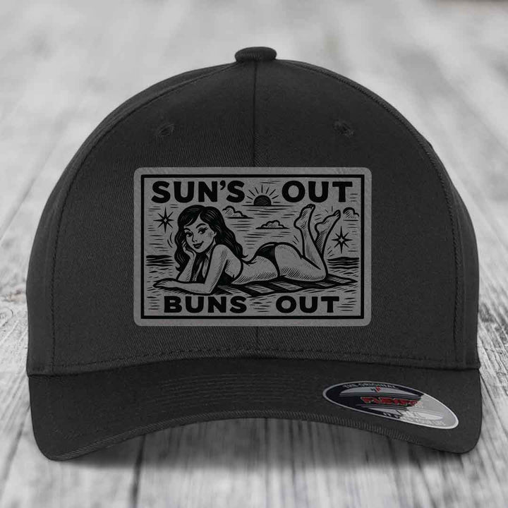 Suns Out, Buns Out - Leather Patch Hat - Grey to Black Patch - Flexfit 6277 Fitted Hat