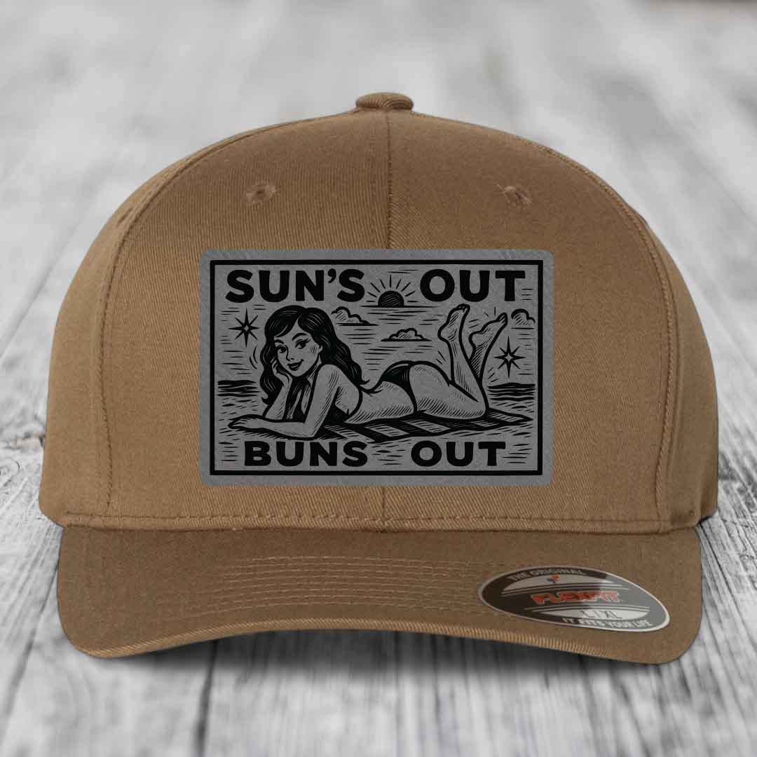Suns Out, Buns Out - Leather Patch Hat - Grey to Black Patch - Flexfit 6277 Fitted Hat