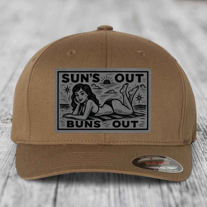 Suns Out, Buns Out - Leather Patch Hat - Grey to Black Patch - Flexfit 6277 Fitted Hat