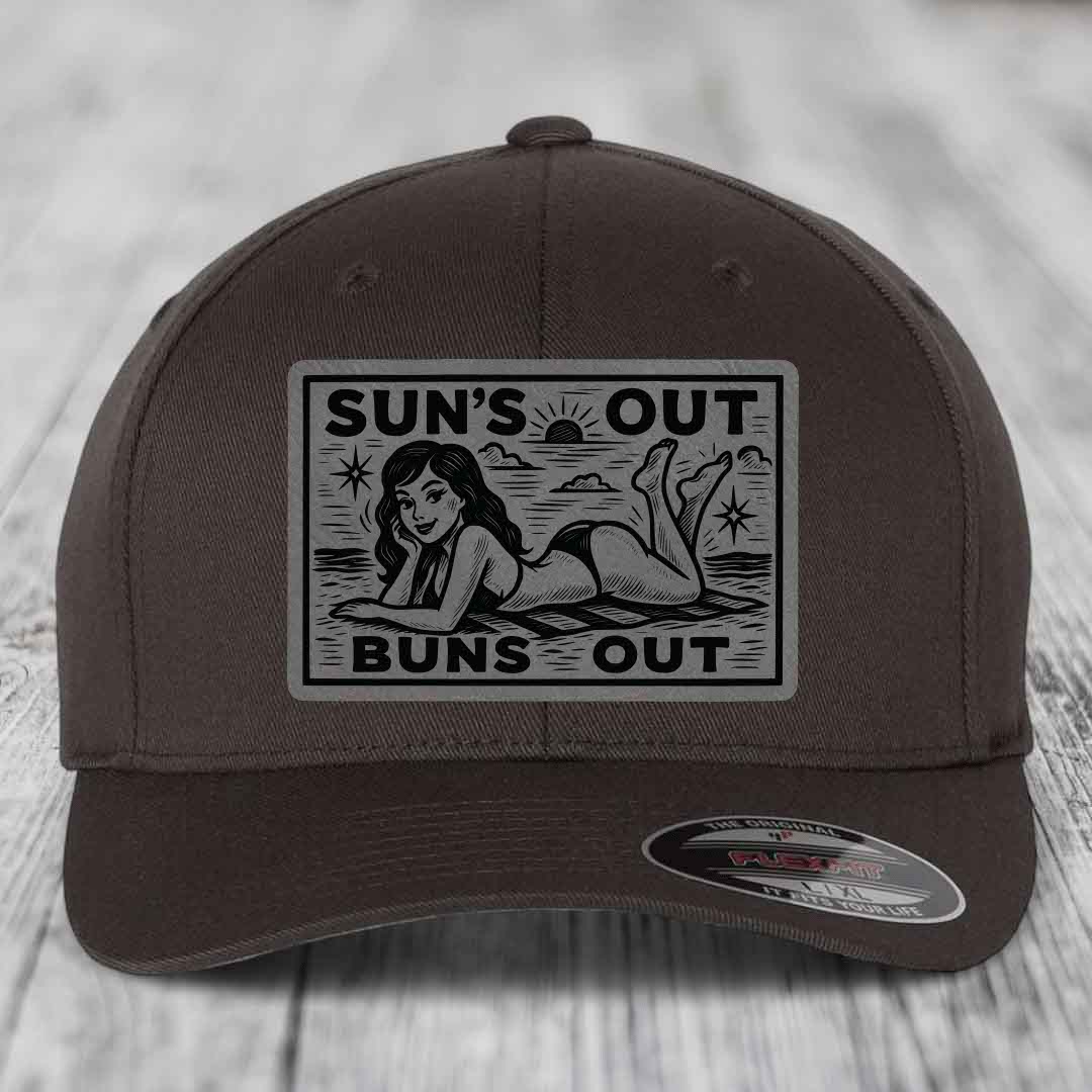 Suns Out, Buns Out - Leather Patch Hat - Grey to Black Patch - Flexfit 6277 Fitted Hat