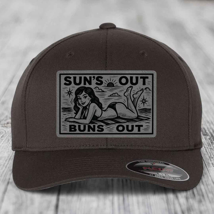 Suns Out, Buns Out - Leather Patch Hat - Grey to Black Patch - Flexfit 6277 Fitted Hat