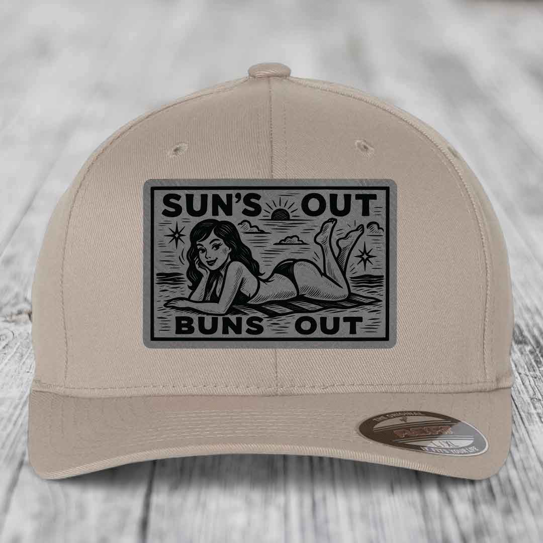 Suns Out, Buns Out - Leather Patch Hat - Grey to Black Patch - Flexfit 6277 Fitted Hat