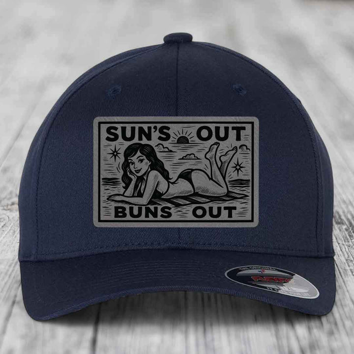 Suns Out, Buns Out - Leather Patch Hat - Grey to Black Patch - Flexfit 6277 Fitted Hat