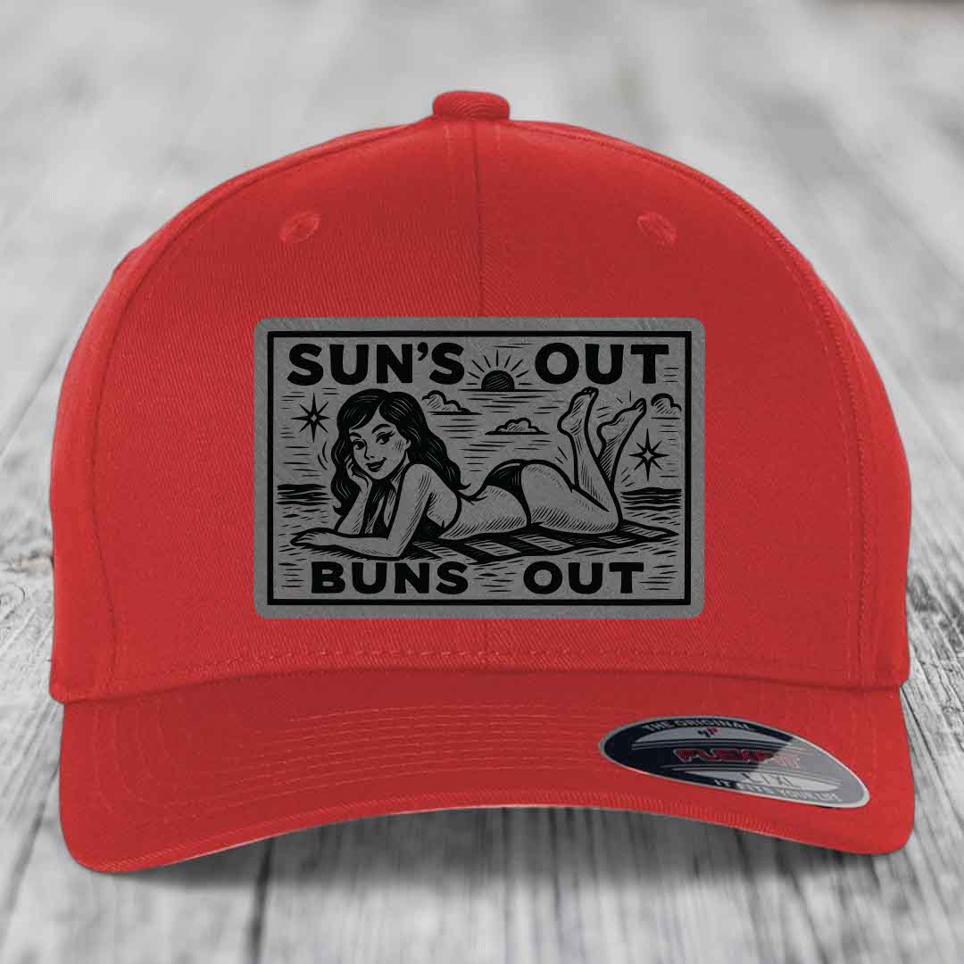 Suns Out, Buns Out - Leather Patch Hat - Grey to Black Patch - Flexfit 6277 Fitted Hat