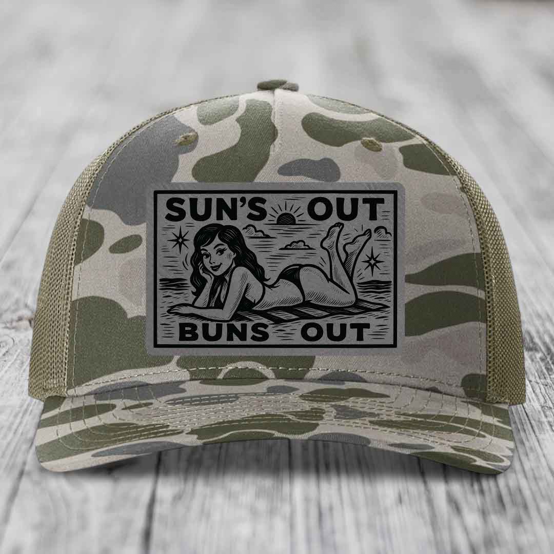 Suns Out, Buns Out - Leather Patch Hat - Grey to Black Patch - Richardson 112PFP Snapback Trucker Hat