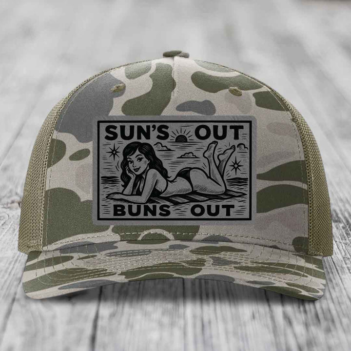Suns Out, Buns Out - Leather Patch Hat - Grey to Black Patch - Richardson 112PFP Snapback Trucker Hat