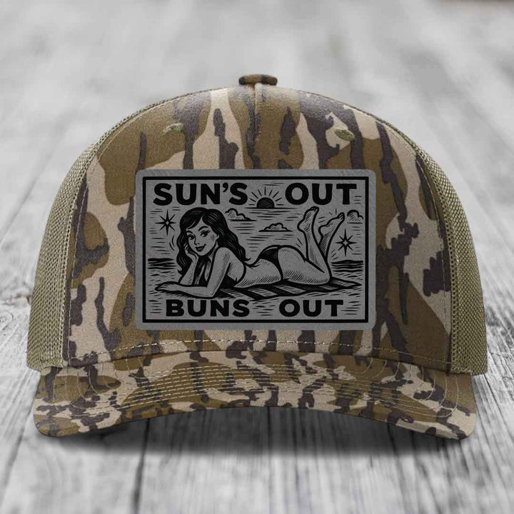 Suns Out, Buns Out - Leather Patch Hat - Grey to Black Patch - Richardson 112PFP Snapback Trucker Hat