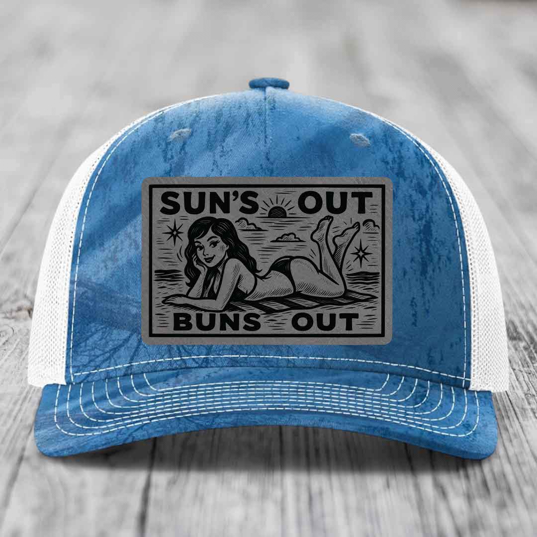 Suns Out, Buns Out - Leather Patch Hat - Grey to Black Patch - Richardson 112PFP Snapback Trucker Hat