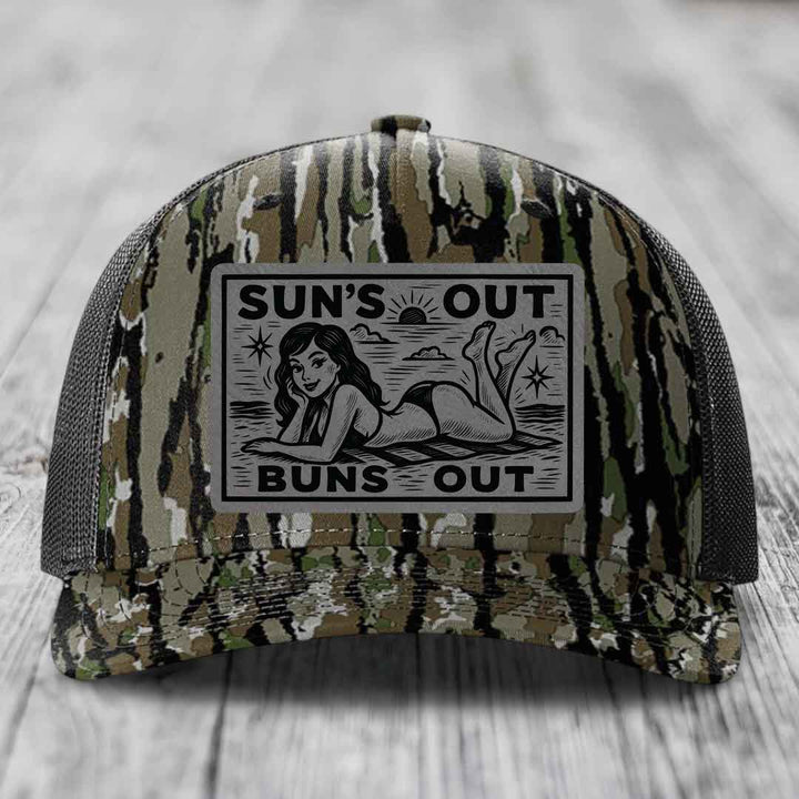 Suns Out, Buns Out - Leather Patch Hat - Grey to Black Patch - Richardson 112PFP Snapback Trucker Hat
