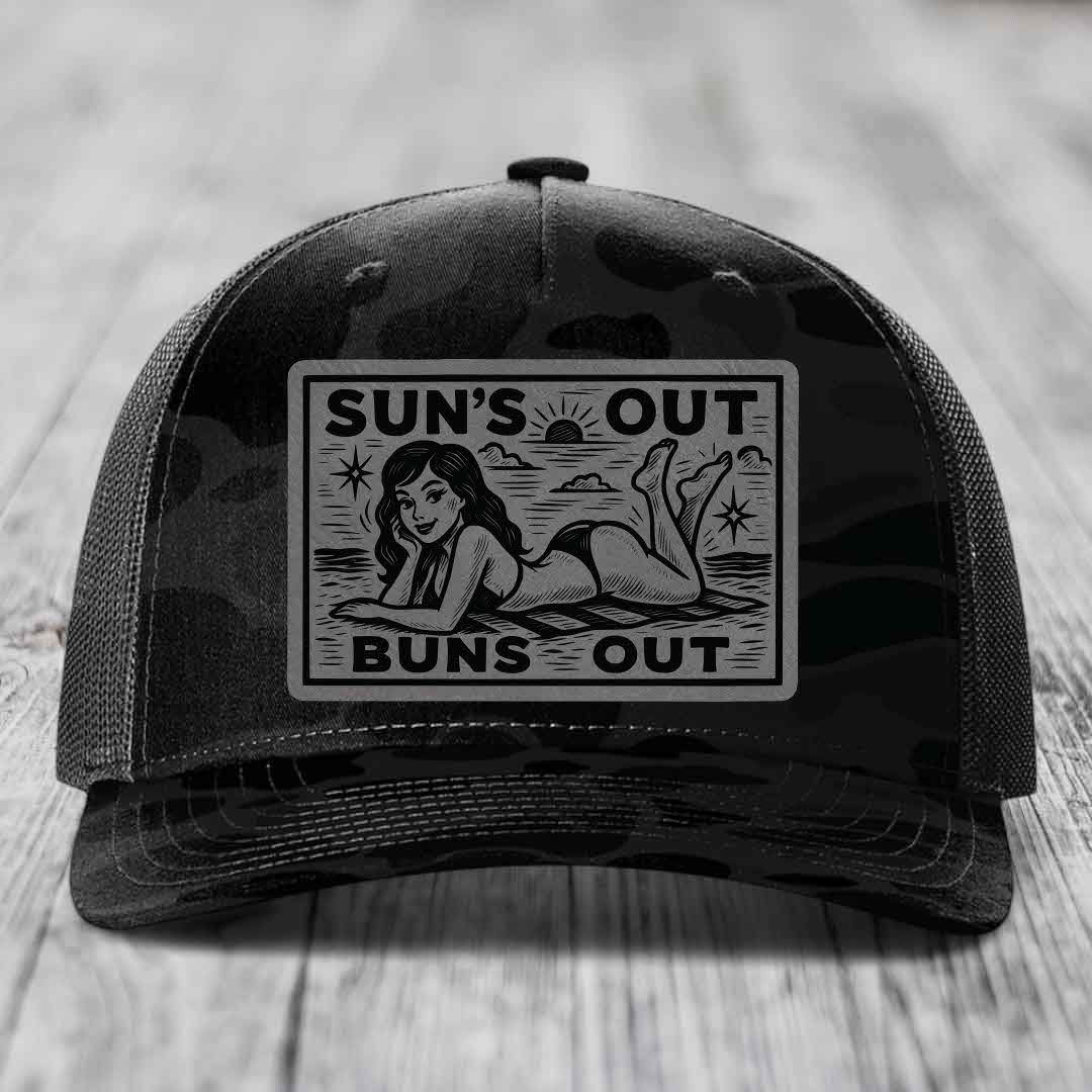 Suns Out, Buns Out - Leather Patch Hat - Grey to Black Patch - Richardson 112PFP Snapback Trucker Hat