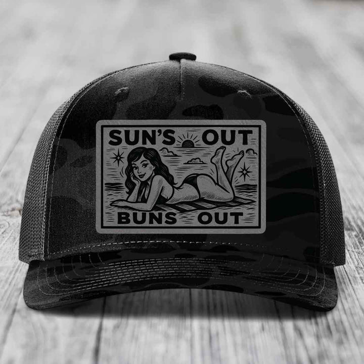 Suns Out, Buns Out - Leather Patch Hat - Grey to Black Patch - Richardson 112PFP Snapback Trucker Hat