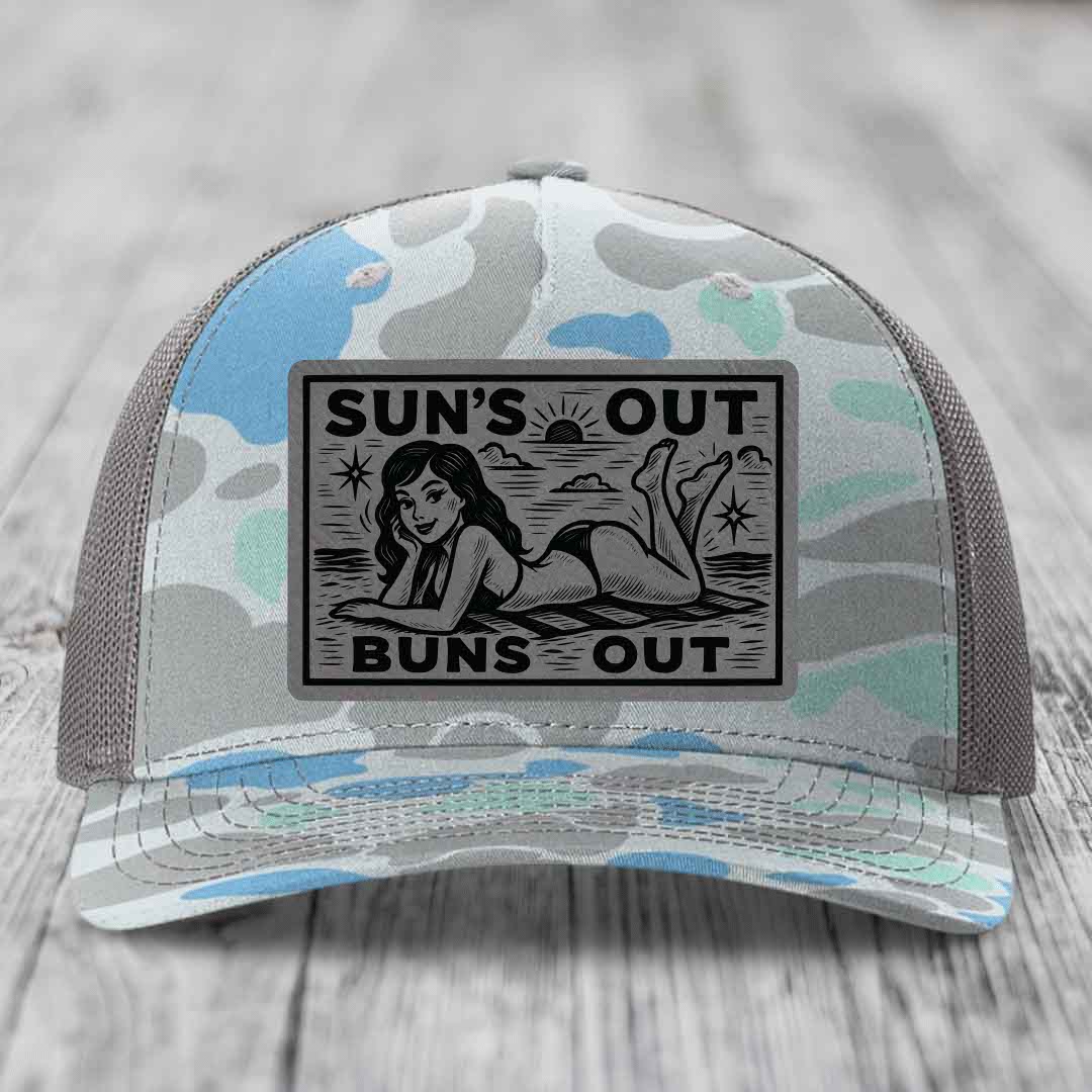 Suns Out, Buns Out - Leather Patch Hat - Grey to Black Patch - Richardson 112PFP Snapback Trucker Hat