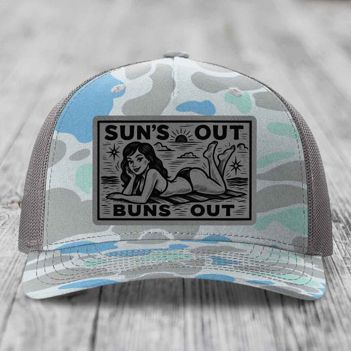 Suns Out, Buns Out - Leather Patch Hat - Grey to Black Patch - Richardson 112PFP Snapback Trucker Hat